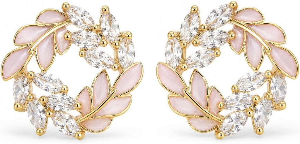 Pendientes de Botón para Mujer con Diseño de Corona de Hojas, Latón Chapado en Oro de 18K, Hipoalergénicos, Pendientes Florales con Circonitas Brillantes, Ideal para Regalo