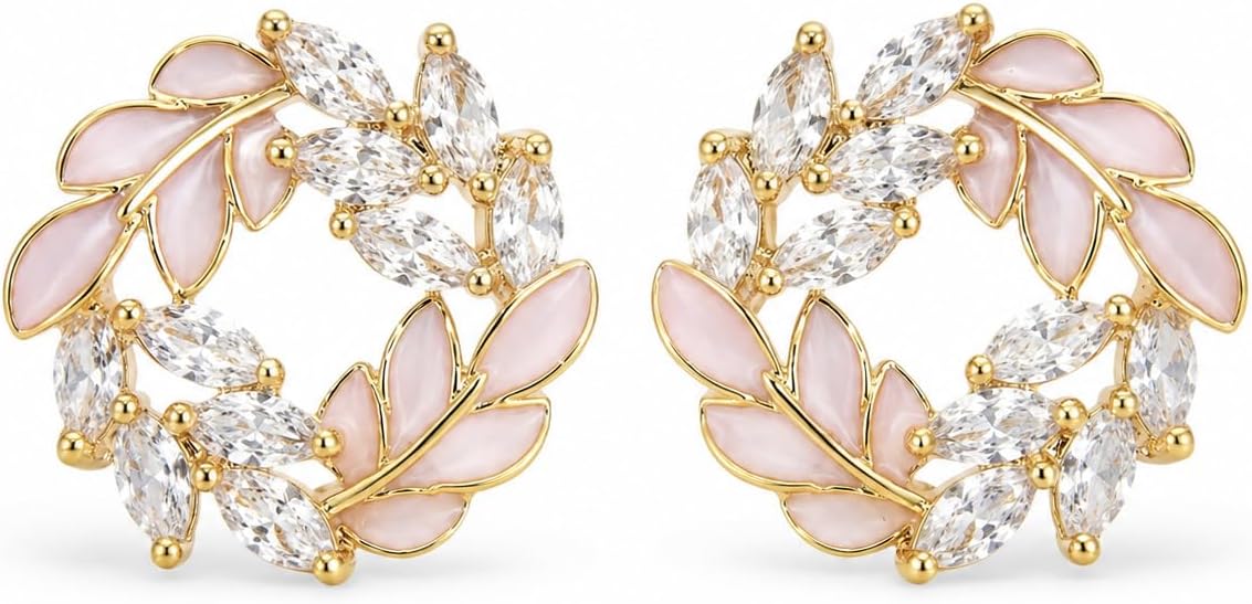 Pendientes de Botón para Mujer con Diseño de Corona de Hojas, Latón Chapado en Oro de 18K, Hipoalergénicos, Pendientes Florales con Circonitas Brillantes, Ideal para Regalo
