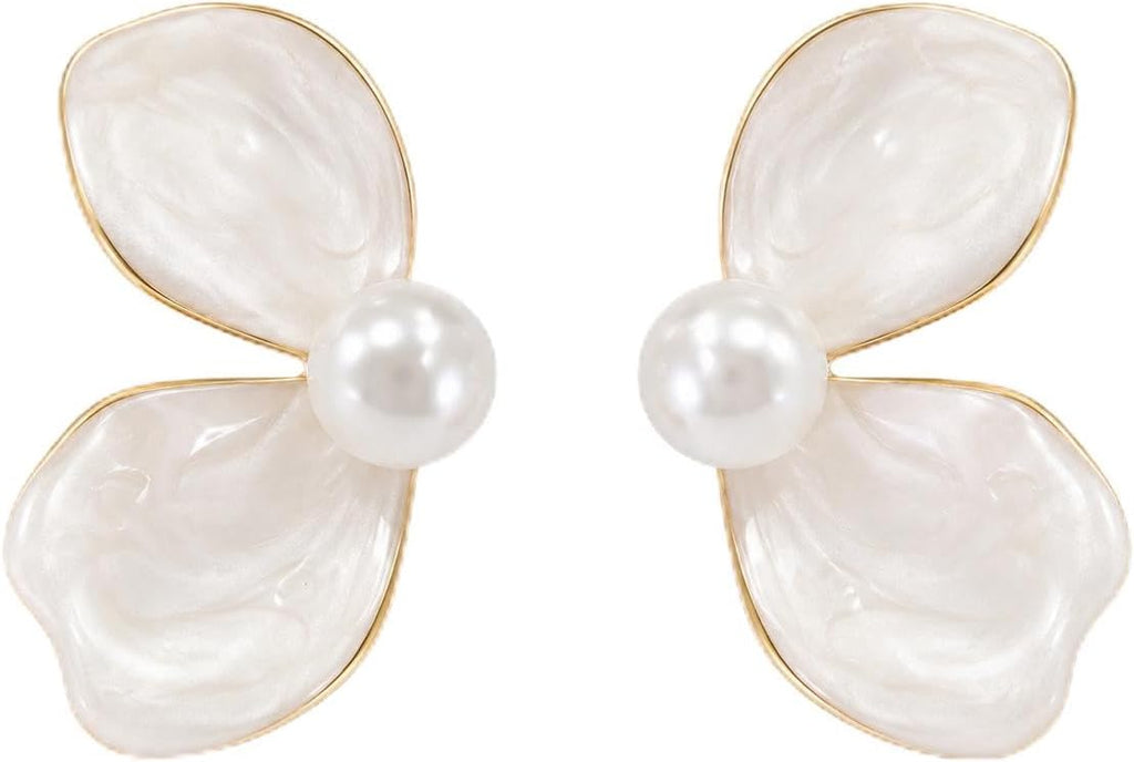 Flor Nacarada con Perla, Pendientes Florales Mujer, Latón Chapado en Oro 18K y Aguja de Plata S925, Hipoalergénicos, Pendientes Elegantes para Fiesta, Boda, Diario y Regalo
