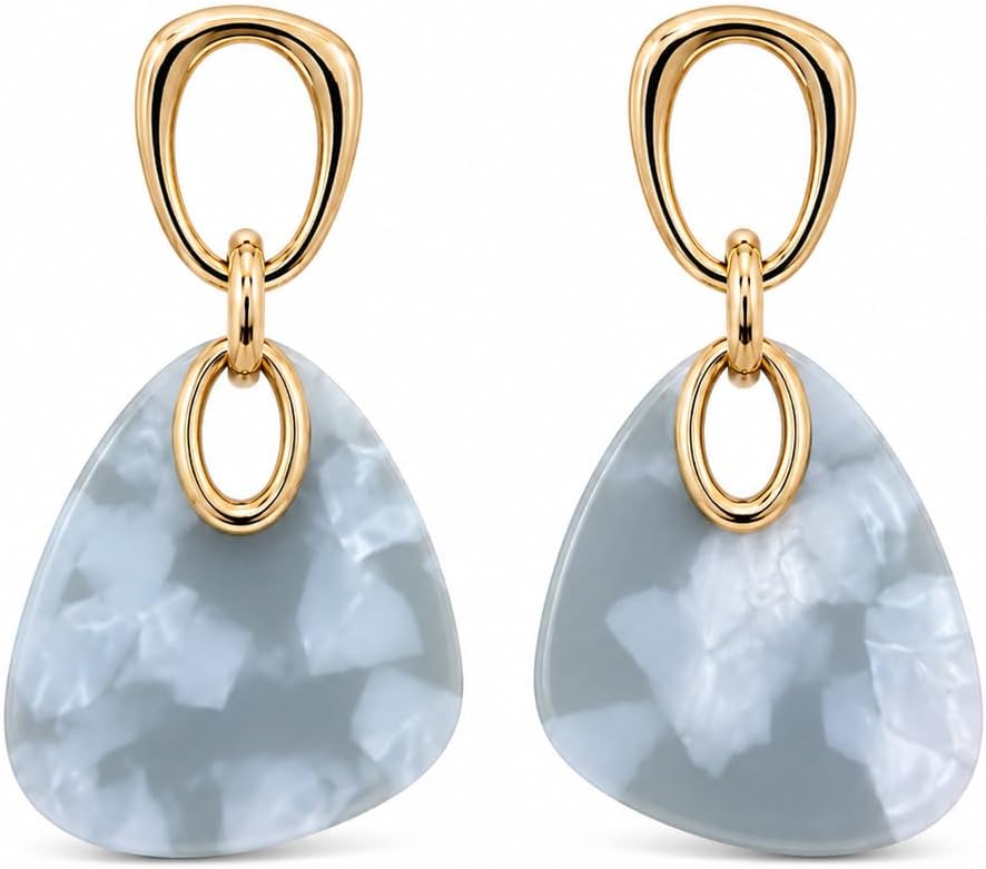 Pendientes Largos Colgantes Mujer, Plata S925, Oro 18K, Acrílico Azul | Hipoalergénicos, Latón Chapado en Oro 18K, Marmoleado Azul Gris, Elegantes para Fiesta, Regalo
