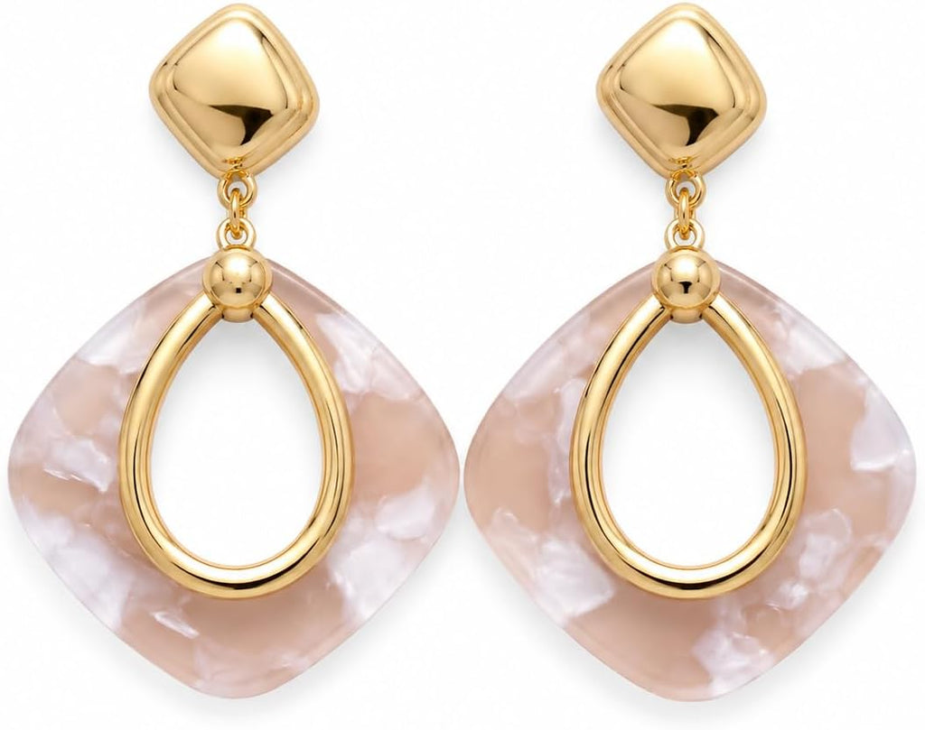 Pendientes Colgantes para Mujer Chapados en Oro 18K | Aguja de Plata S925 Hipoalergénica, Diseño Geométrico Rosa Marmoleado, Ligeros