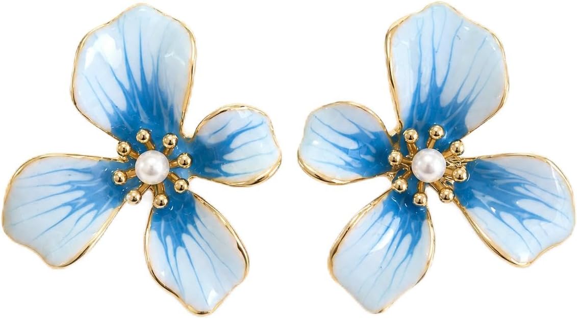 Pendientes de Flor para Mujer, Botón Azul con Perla | Latón Chapado en Oro 18K, Poste de Plata S925, Hipoalergénicos, Para Diario, Fiesta, Boda y Regalo