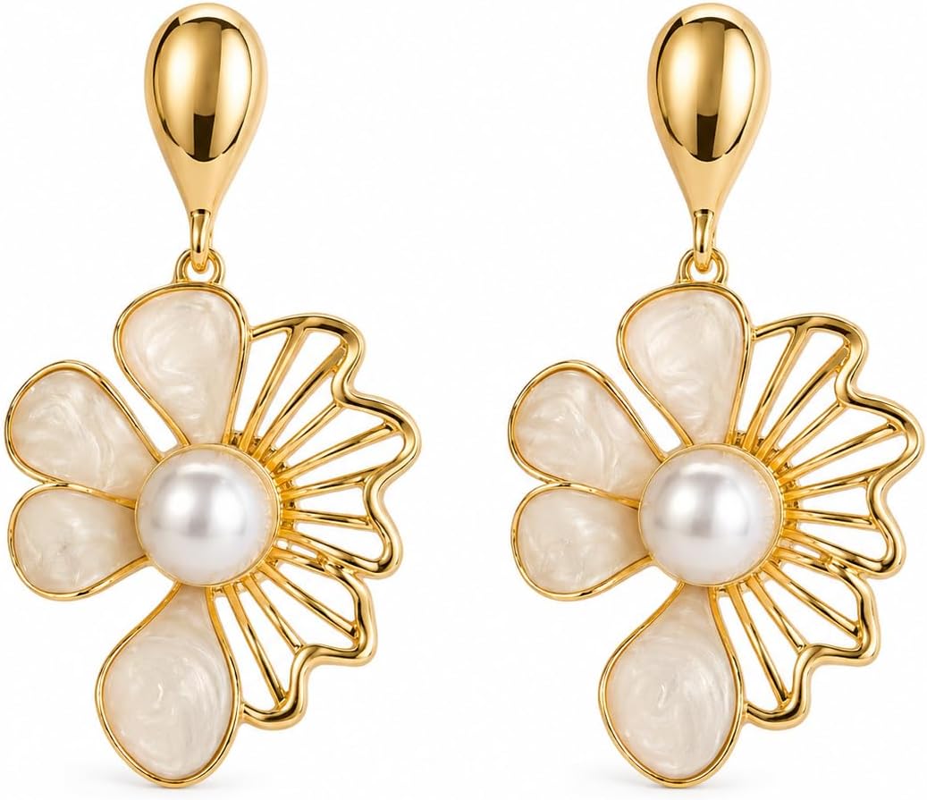 Pendientes de Flor Blanco para Mujer – Oro 18K, Perla y Plata S925