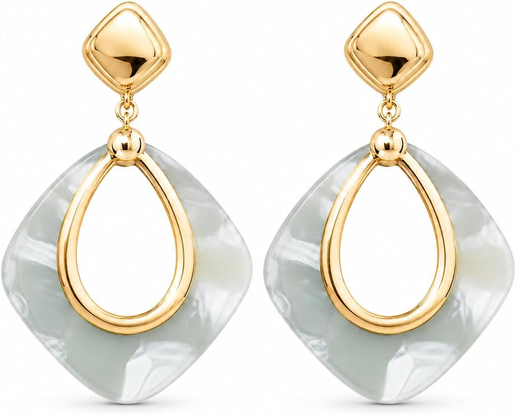 Pendientes Largos Mujer Chapados en Oro 18K Geométricos | Aguja de Plata S925 Hipoalergénica, Colgante Translúcido, Para Fiesta, Boda y Diario
