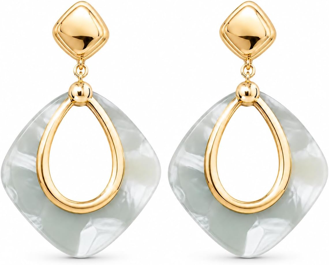 Pendientes Largos Mujer Chapados en Oro 18K Geométricos | Aguja de Plata S925 Hipoalergénica, Colgante Translúcido, Para Fiesta, Boda y Diario