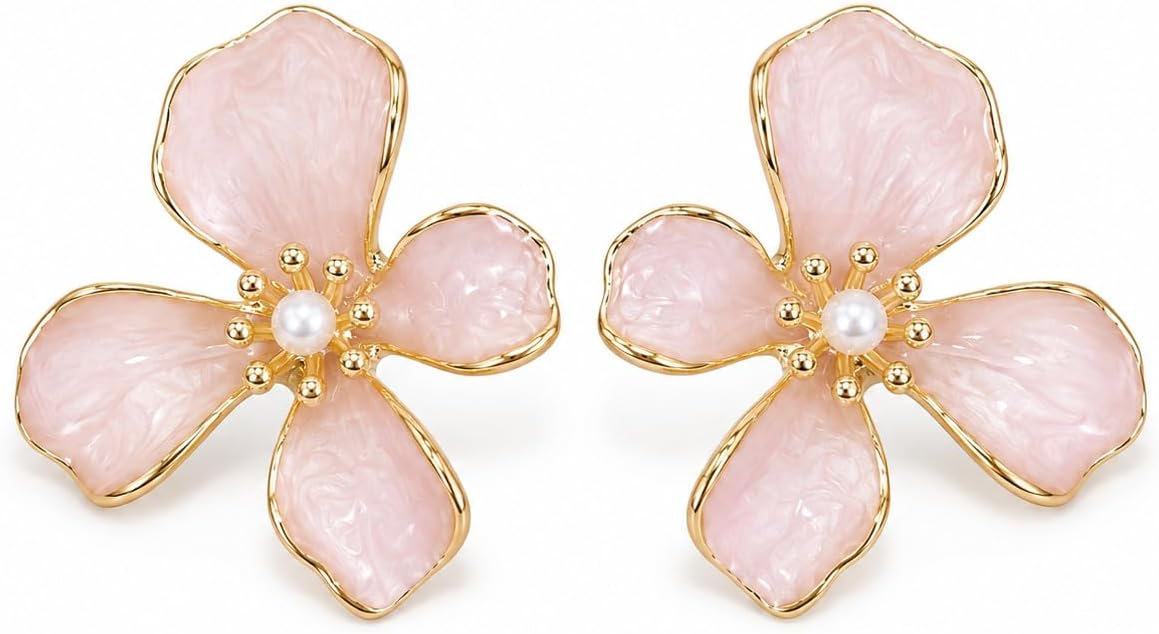 Pendientes de Flor para Mujer, Botón Rosa con Perla | Latón Chapado en Oro 18K, Poste de Plata S925, Hipoalergénicos, Para Diario, Fiesta, Boda y Regalo