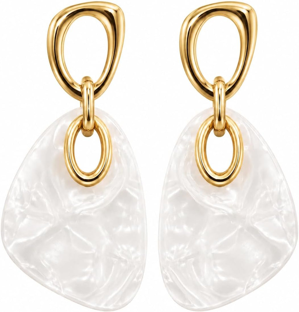 Pendientes Colgantes Mujer Chapados en Oro 18K Poste Plata S925 | Hipoalergénico, Acrílico Blanco, Geométricos con Efecto Nácar, Para Diario, Fiesta, Boda y Regalo