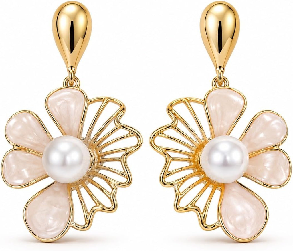 Pendientes de Flor Rosa para Mujer Oro 18K Perla Plata S925 | Largos Chapados en Oro 18K, Hipoalergénicos, Fiesta, Boda y Regalo