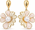 Pendientes de Flor Rosa para Mujer Oro 18K Perla Plata S925 | Largos Chapados en Oro 18K, Hipoalergénicos, Fiesta, Boda y Regalo