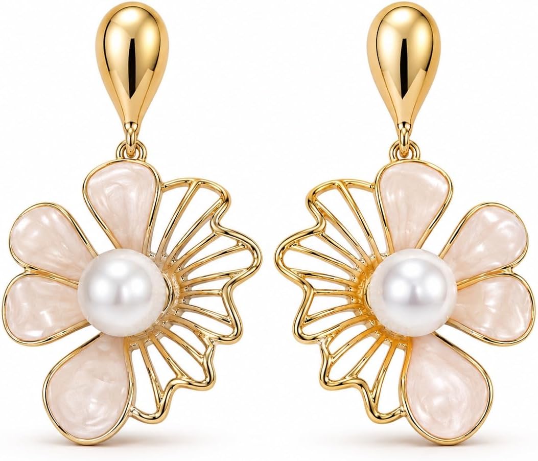Pendientes de Flor Rosa para Mujer Oro 18K Perla Plata S925 | Largos Chapados en Oro 18K, Hipoalergénicos, Fiesta, Boda y Regalo