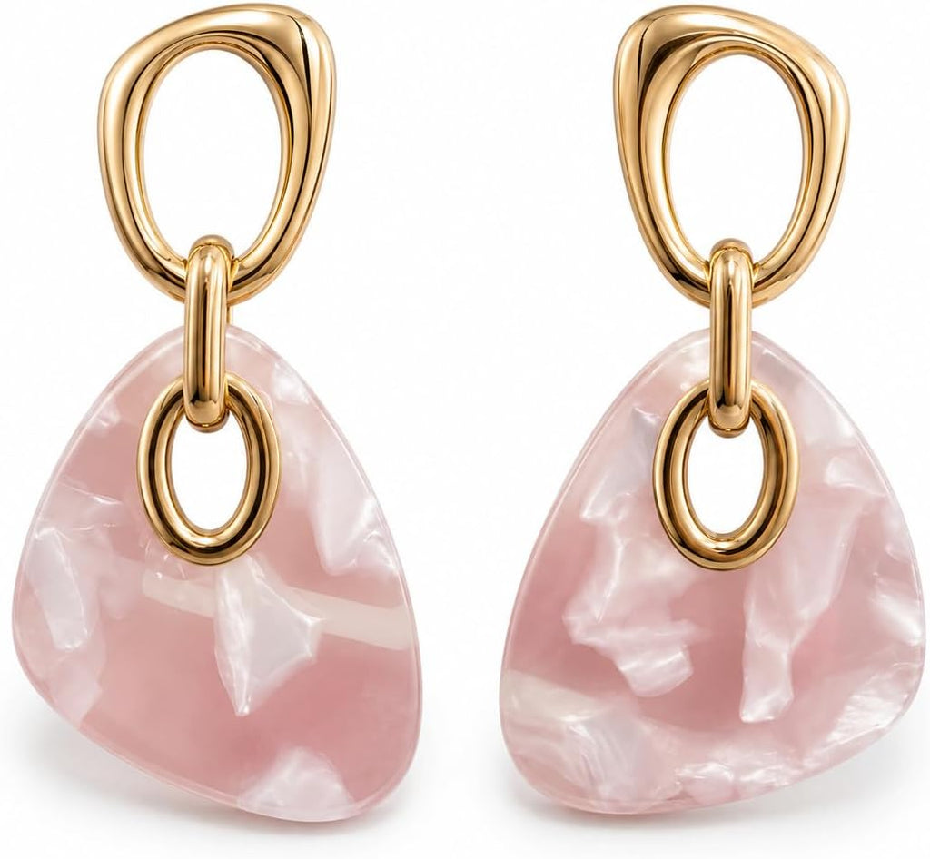 Pendientes Largos Colgantes Mujer, Plata S925, Oro 18K, Acrílico Rosa | Hipoalergénicos, Latón Chapado en Oro 18K, Marmoleado Rosa, Elegantes para Fiesta, Regalo