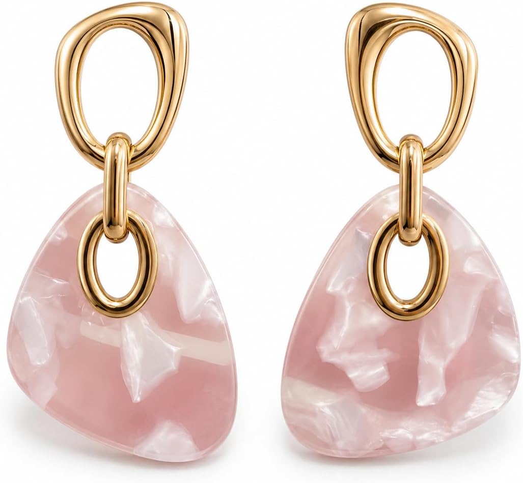 Pendientes Largos Colgantes Mujer, Plata S925, Oro 18K, Acrílico Rosa | Hipoalergénicos, Latón Chapado en Oro 18K, Marmoleado Rosa, Elegantes para Fiesta, Regalo