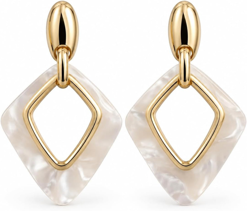 Pendientes de Mujer Geométricos Dorados 18K | Diseño Largo con Rombo Marmoleado Blanco, Aguja Plata S925 Hipoalergénica, Latón Chapado en Oro