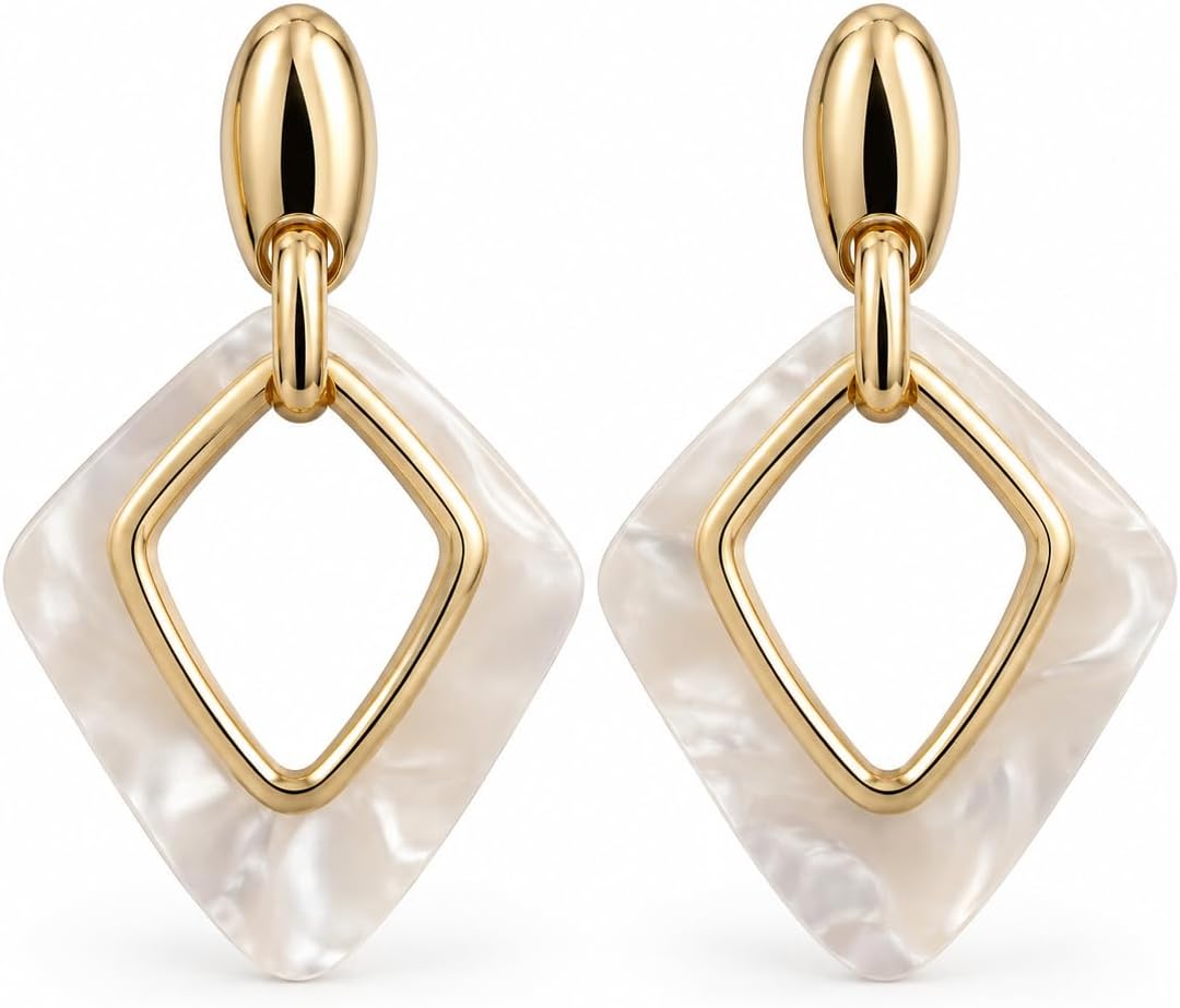 Pendientes de Mujer Geométricos Dorados 18K | Diseño Largo con Rombo Marmoleado Blanco, Aguja Plata S925 Hipoalergénica, Latón Chapado en Oro