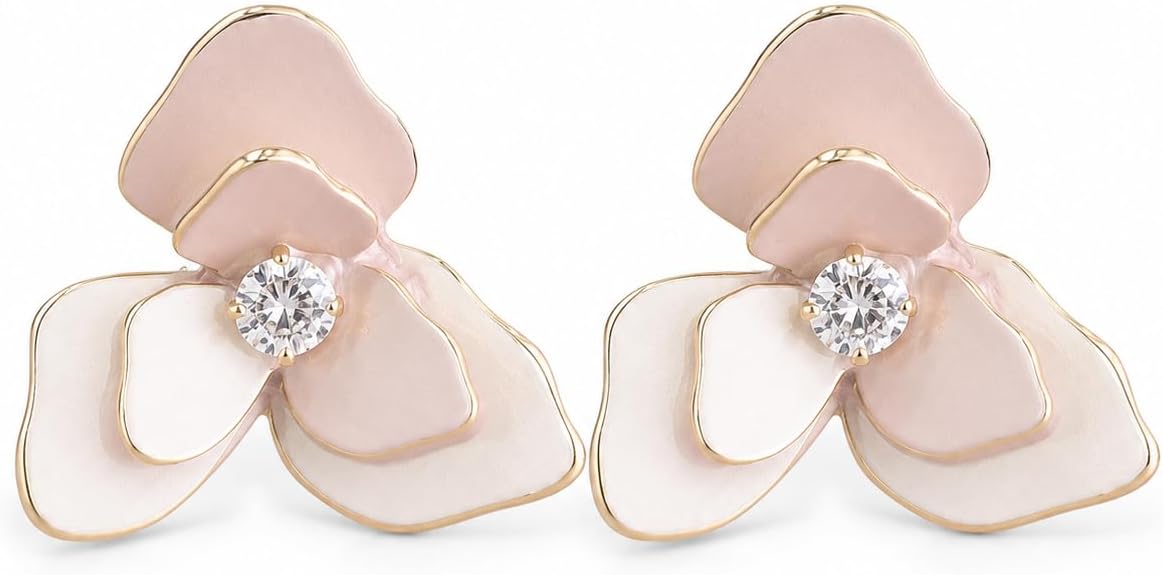 Pendientes de Flor Rosa para Mujer, Latón Chapado en Oro 18K y Poste de Plata S925, Hipoalergénicos, Elegantes para Diario, Fiesta, Boda y Regalo
