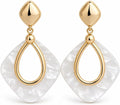 Pendientes Colgantes Mujer Chapados en Oro 18K | Aguja de Plata S925 Hipoalergénica, Geométricos Ligeros, Efecto Nácar Blanco, Para Fiesta, Boda y Uso Diario