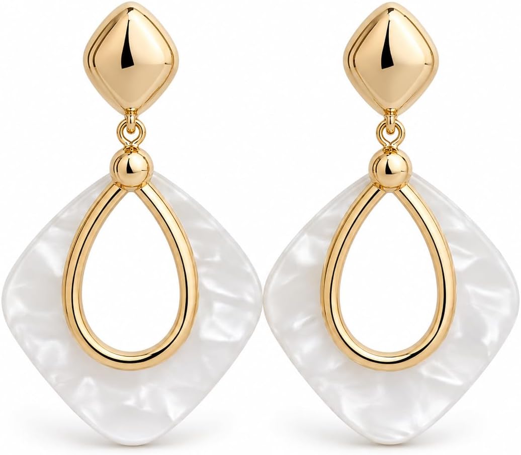 Pendientes Colgantes Mujer Chapados en Oro 18K | Aguja de Plata S925 Hipoalergénica, Geométricos Ligeros, Efecto Nácar Blanco, Para Fiesta, Boda y Uso Diario