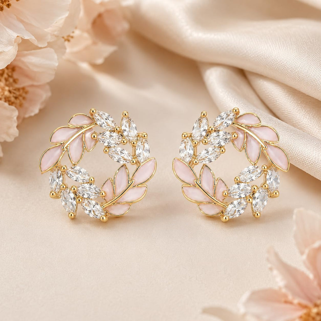 Pendientes de Botón para Mujer con Diseño de Corona de Hojas, Latón Chapado en Oro de 18K, Hipoalergénicos, Pendientes Florales con Circonitas Brillantes, Ideal para Regalo