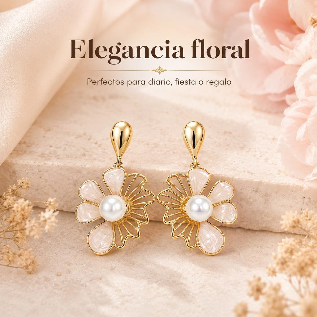 Pendientes de Flor Rosa para Mujer Oro 18K Perla Plata S925 | Largos Chapados en Oro 18K, Hipoalergénicos, Fiesta, Boda y Regalo
