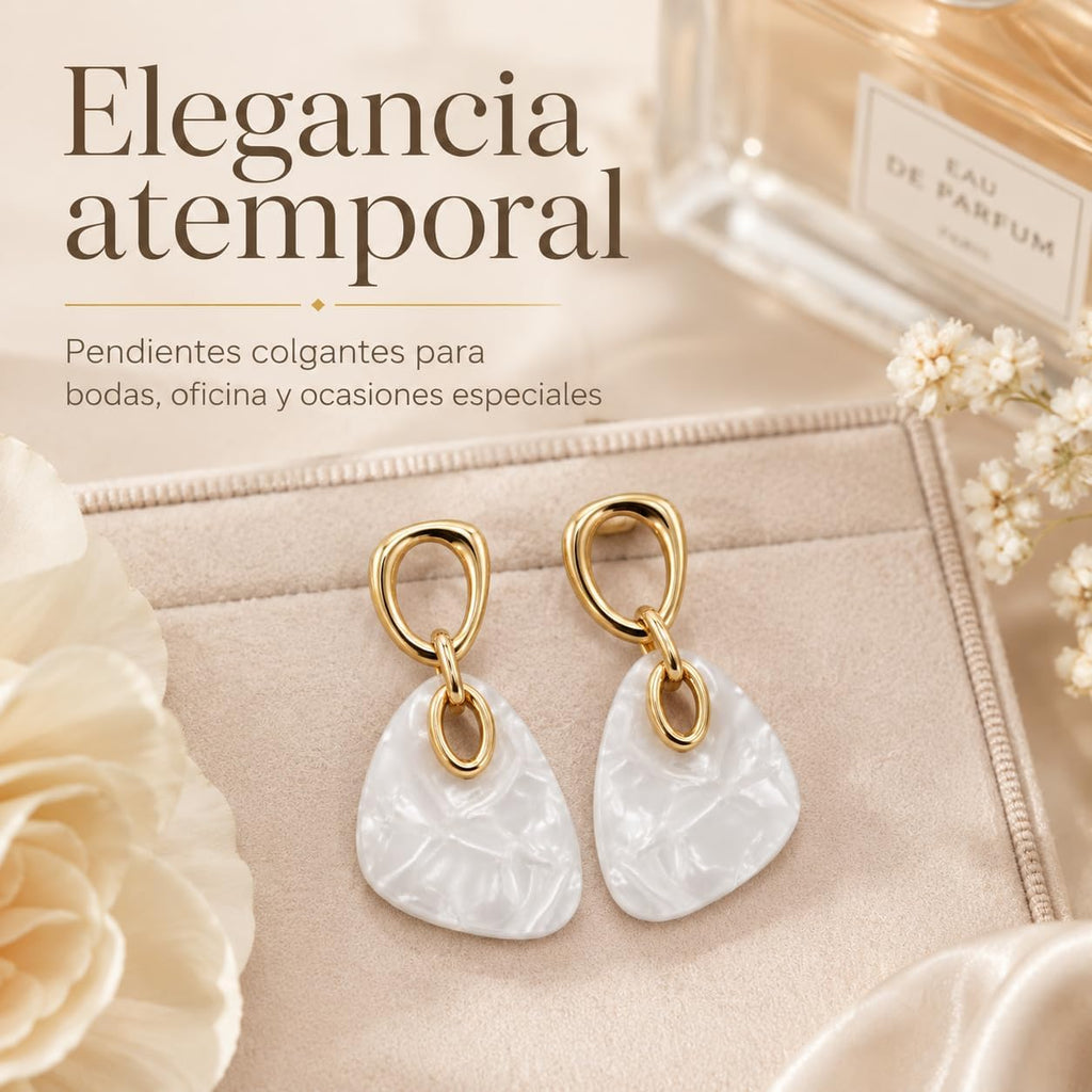 Pendientes Colgantes Mujer Chapados en Oro 18K Poste Plata S925 | Hipoalergénico, Acrílico Blanco, Geométricos con Efecto Nácar, Para Diario, Fiesta, Boda y Regalo