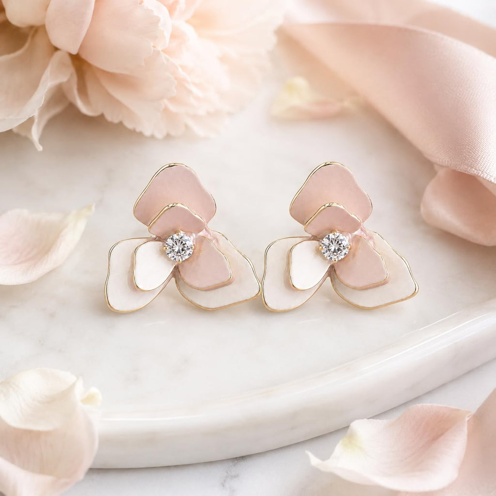 Pendientes de Flor Rosa para Mujer, Latón Chapado en Oro 18K y Poste de Plata S925, Hipoalergénicos, Elegantes para Diario, Fiesta, Boda y Regalo