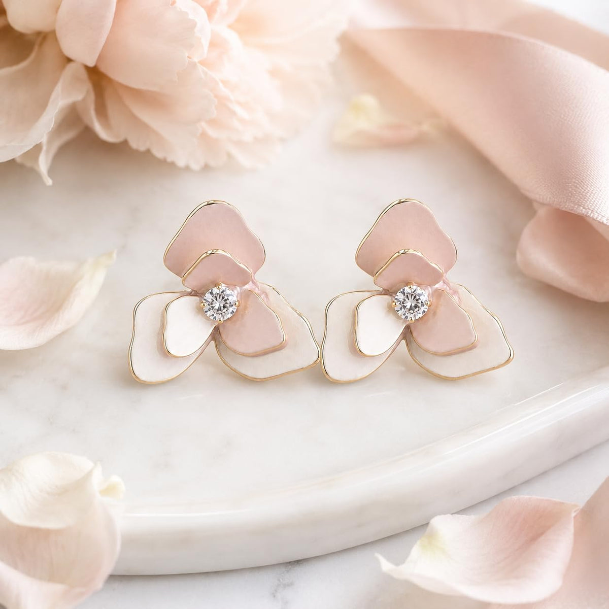 Pendientes de Flor Rosa para Mujer, Latón Chapado en Oro 18K y Poste de Plata S925, Hipoalergénicos, Elegantes para Diario, Fiesta, Boda y Regalo