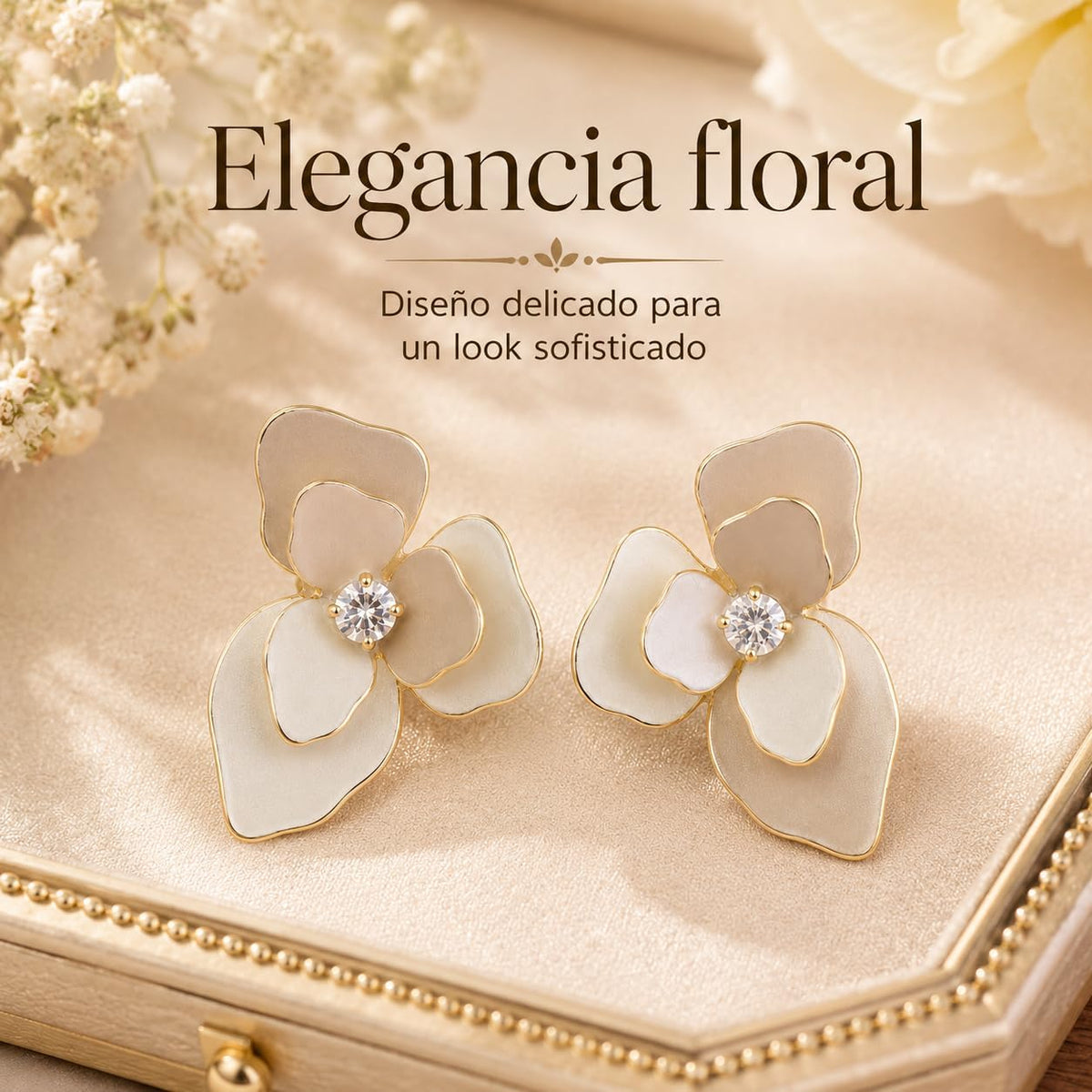 Pendientes de Flor para Mujer, Latón Chapado en Oro 18K y Poste de Plata S925, Hipoalergénicos, Elegantes para Diario, Fiesta, Boda y Regalo