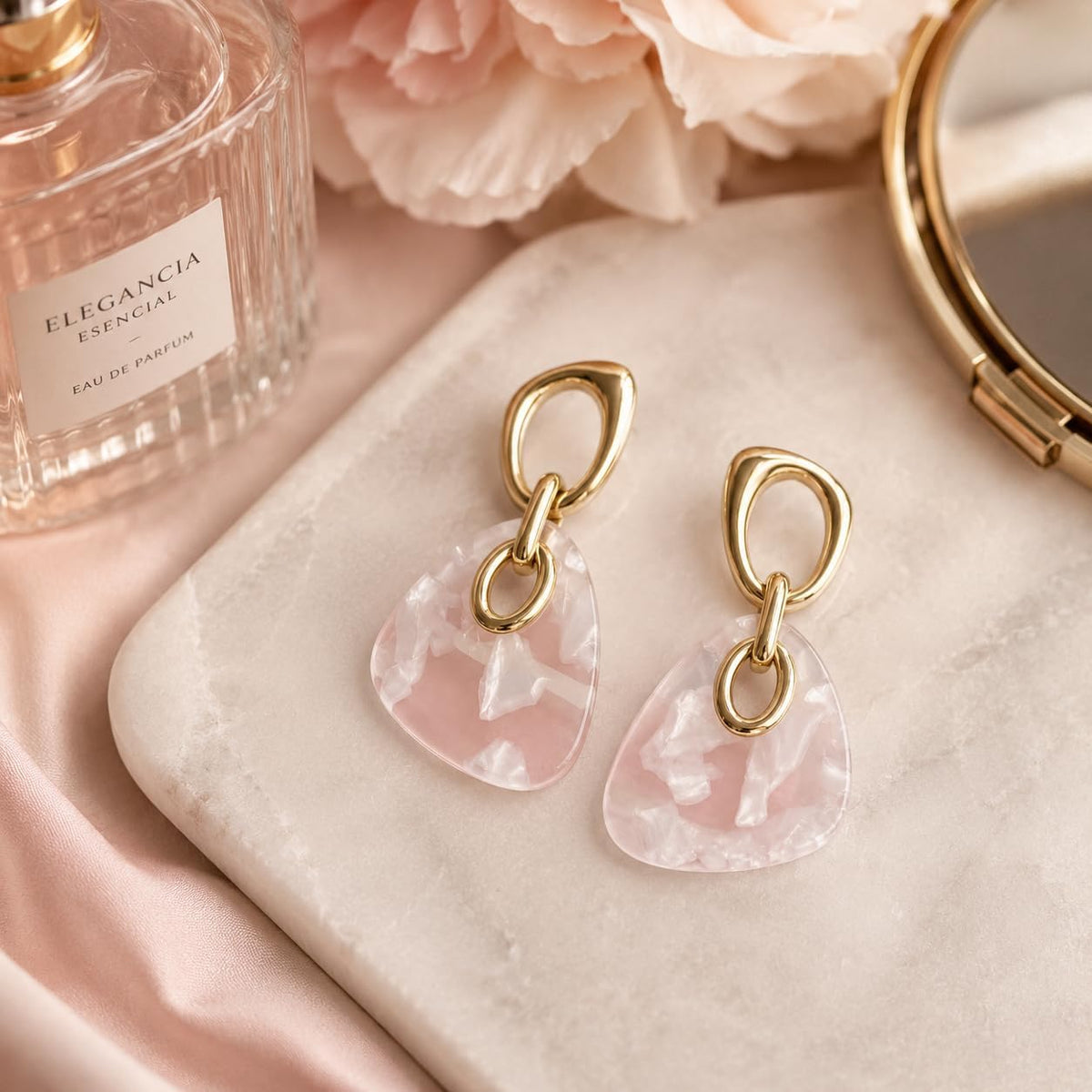 Pendientes Largos Colgantes Mujer, Plata S925, Oro 18K, Acrílico Rosa | Hipoalergénicos, Latón Chapado en Oro 18K, Marmoleado Rosa, Elegantes para Fiesta, Regalo