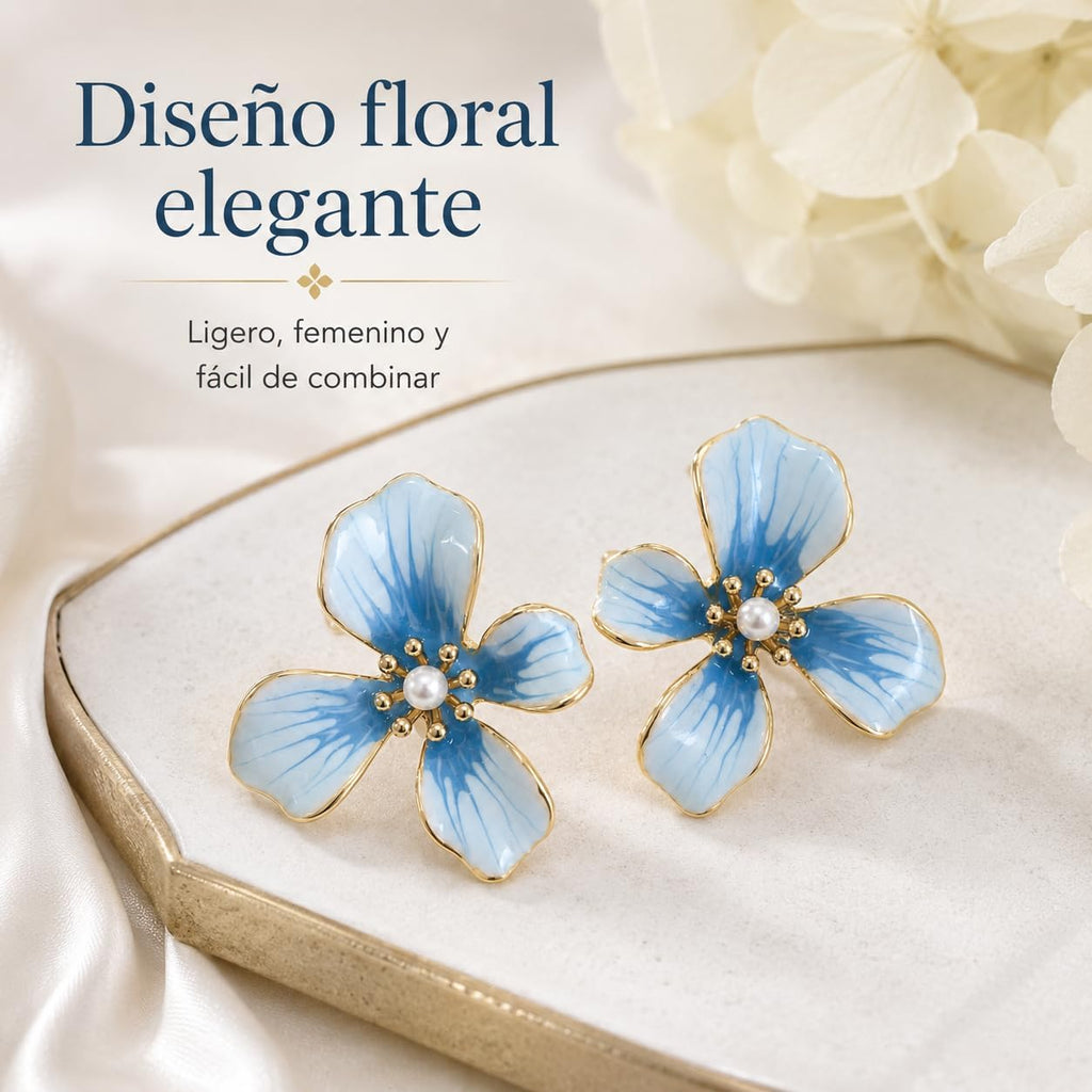Pendientes de Flor para Mujer, Botón Azul con Perla | Latón Chapado en Oro 18K, Poste de Plata S925, Hipoalergénicos, Para Diario, Fiesta, Boda y Regalo