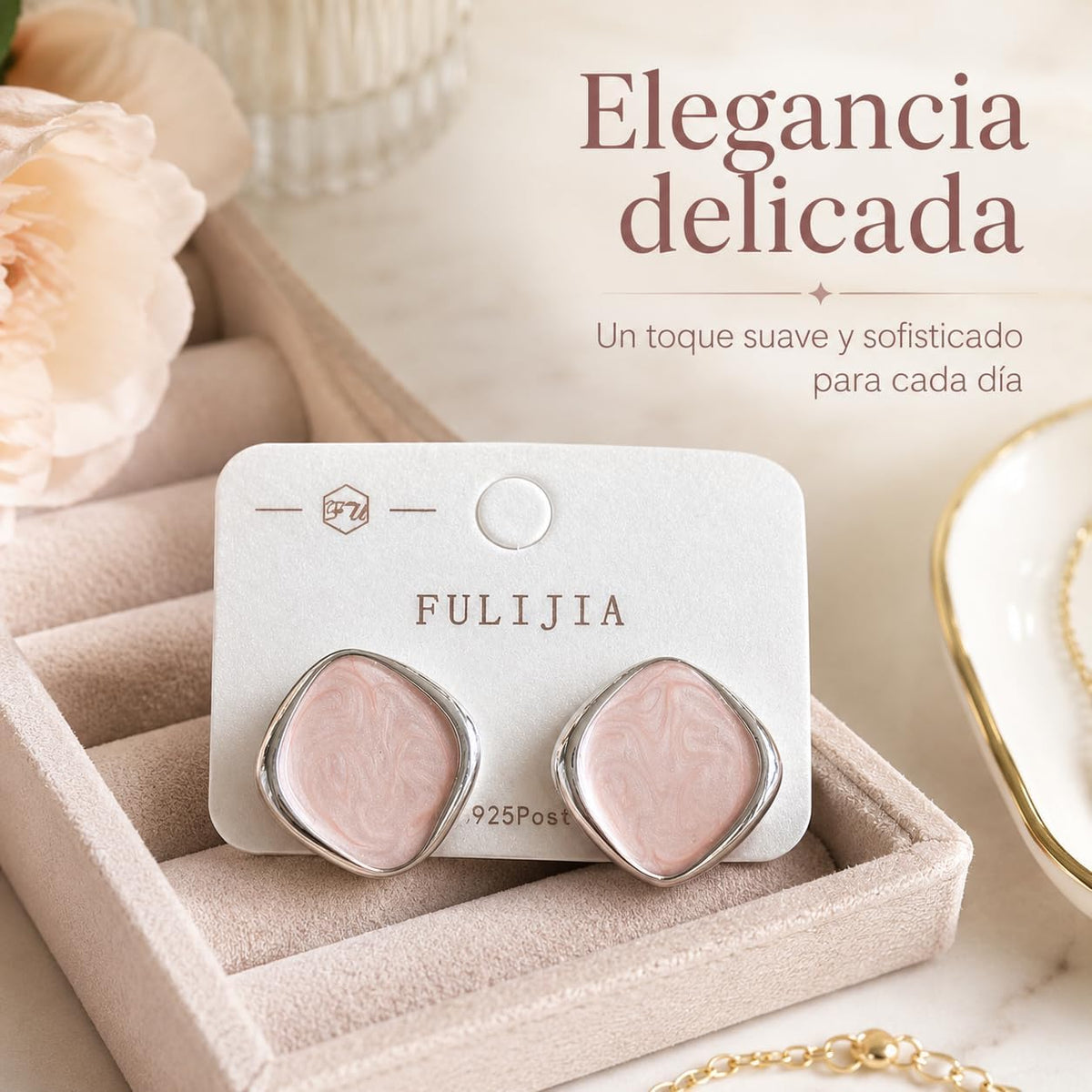 Pendientes Mujer de Latón Chapado en Oro 18K con Poste de Plata S925, Pendientes Hipoalergénicos Ligeros, Diseño Marmoleado Rosa, Pendientes Elegantes para Diario, Fiesta y Regalo