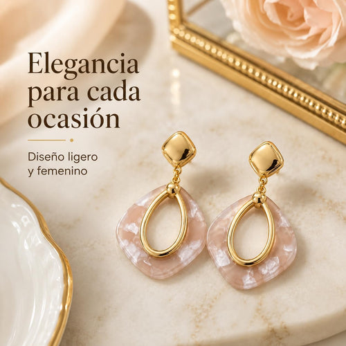 Pendientes Colgantes para Mujer Chapados en Oro 18K | Aguja de Plata S925 Hipoalergénica, Diseño Geométrico Rosa Marmoleado, Ligeros