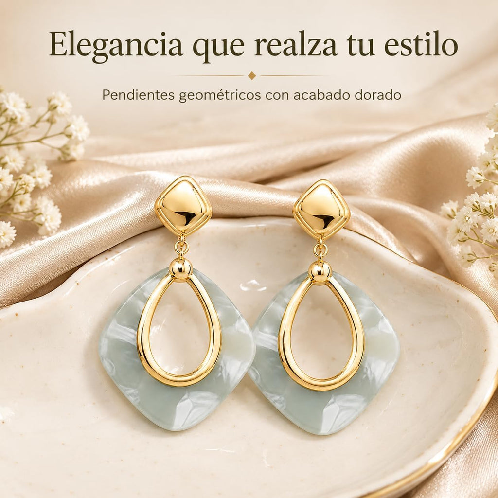Pendientes Largos Mujer Chapados en Oro 18K Geométricos | Aguja de Plata S925 Hipoalergénica, Colgante Translúcido, Para Fiesta, Boda y Diario