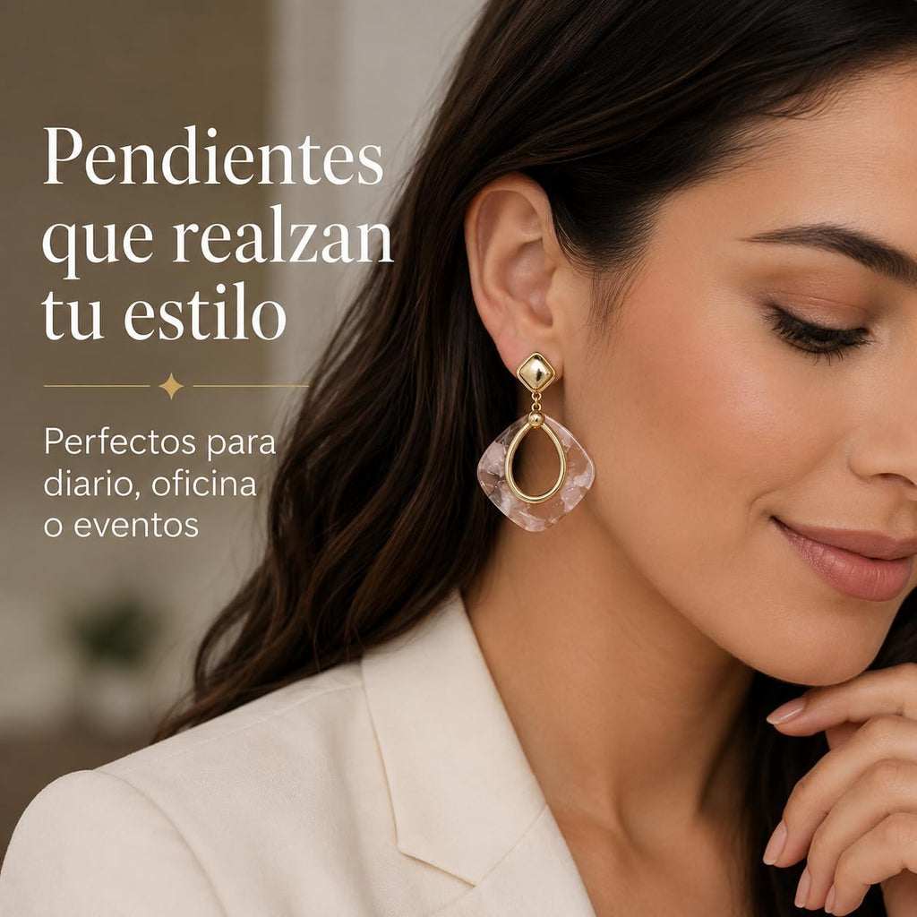 Pendientes Colgantes para Mujer Chapados en Oro 18K | Aguja de Plata S925 Hipoalergénica, Diseño Geométrico Rosa Marmoleado, Ligeros