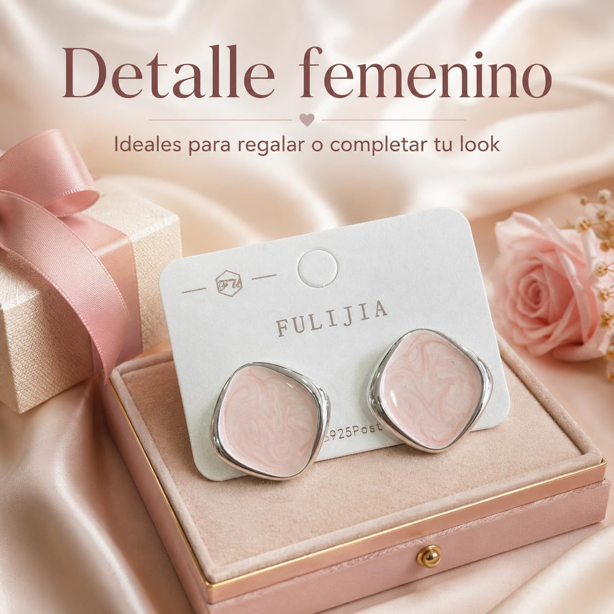 Pendientes Mujer de Latón Chapado en Oro 18K con Poste de Plata S925, Pendientes Hipoalergénicos Ligeros, Diseño Marmoleado Rosa, Pendientes Elegantes para Diario, Fiesta y Regalo