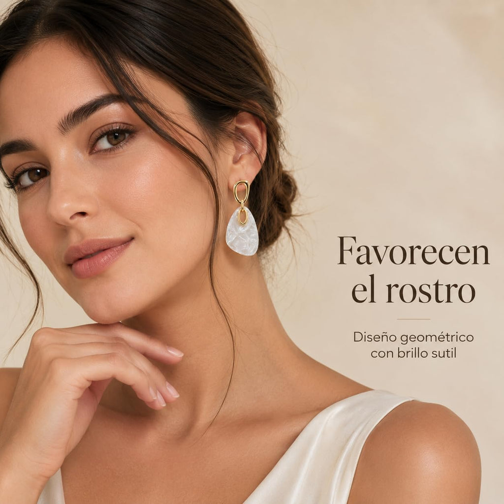 Pendientes Colgantes Mujer Chapados en Oro 18K Poste Plata S925 | Hipoalergénico, Acrílico Blanco, Geométricos con Efecto Nácar, Para Diario, Fiesta, Boda y Regalo