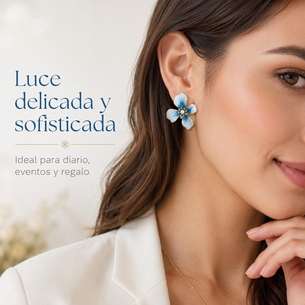 Pendientes de Flor para Mujer, Botón Azul con Perla | Latón Chapado en Oro 18K, Poste de Plata S925, Hipoalergénicos, Para Diario, Fiesta, Boda y Regalo