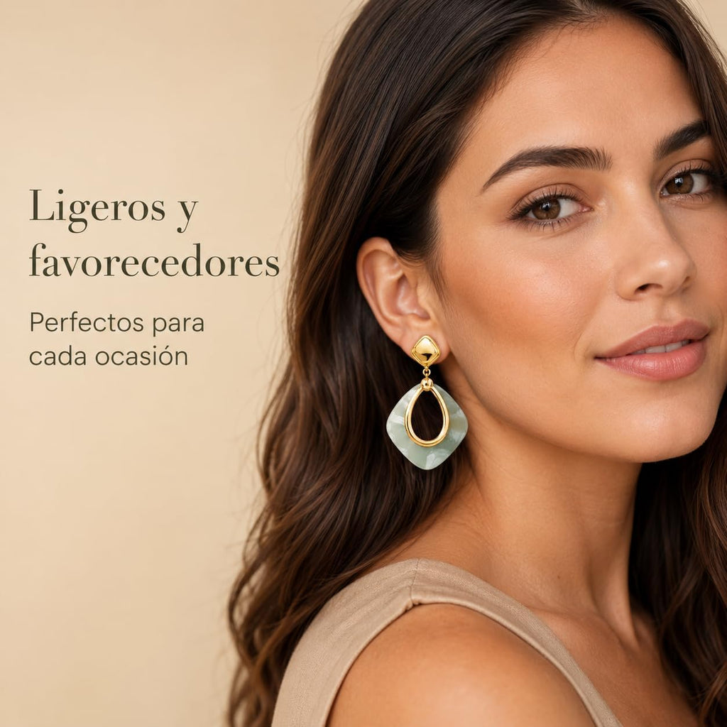 Pendientes Largos Mujer Chapados en Oro 18K Geométricos | Aguja de Plata S925 Hipoalergénica, Colgante Translúcido, Para Fiesta, Boda y Diario