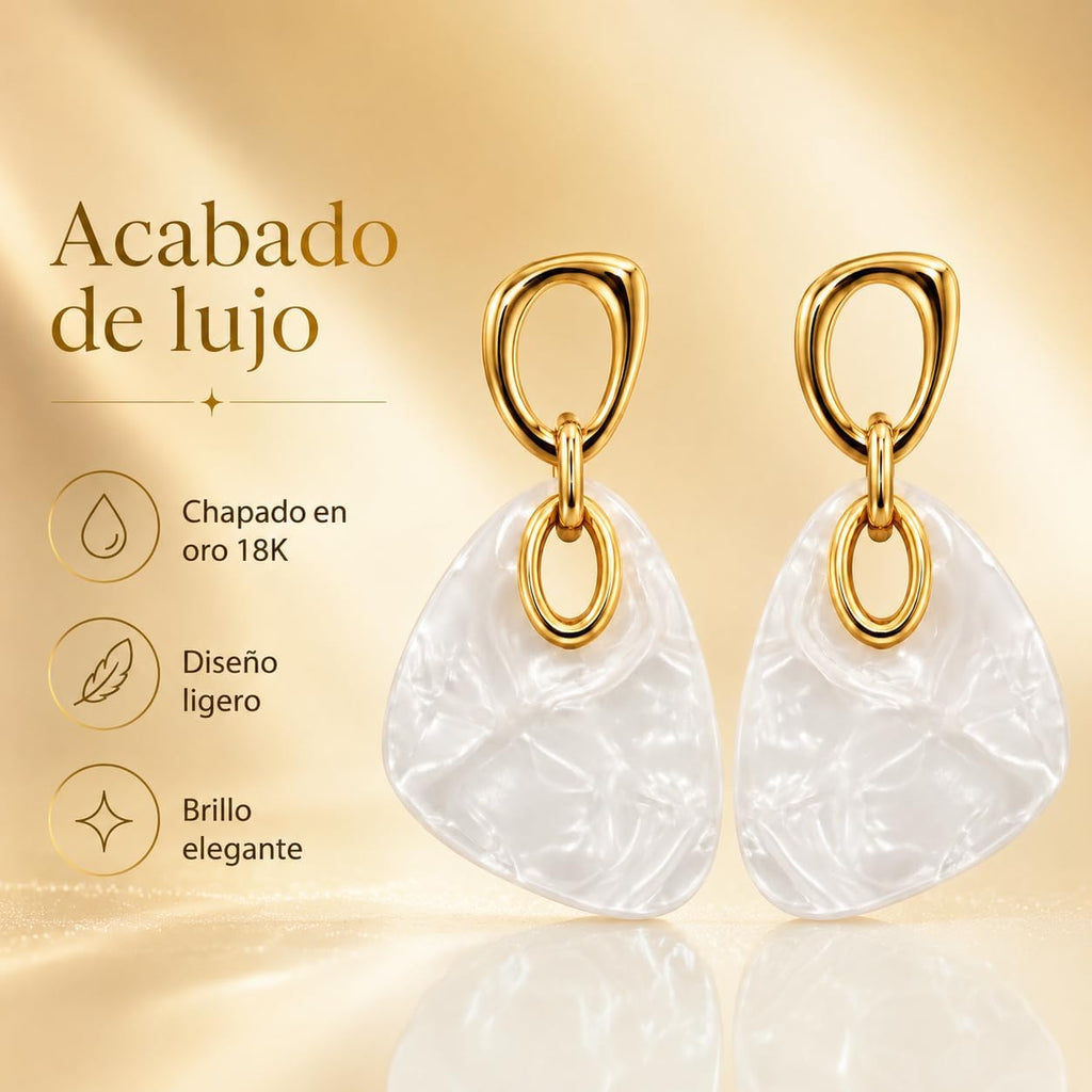 Pendientes Colgantes Mujer Chapados en Oro 18K Poste Plata S925 | Hipoalergénico, Acrílico Blanco, Geométricos con Efecto Nácar, Para Diario, Fiesta, Boda y Regalo