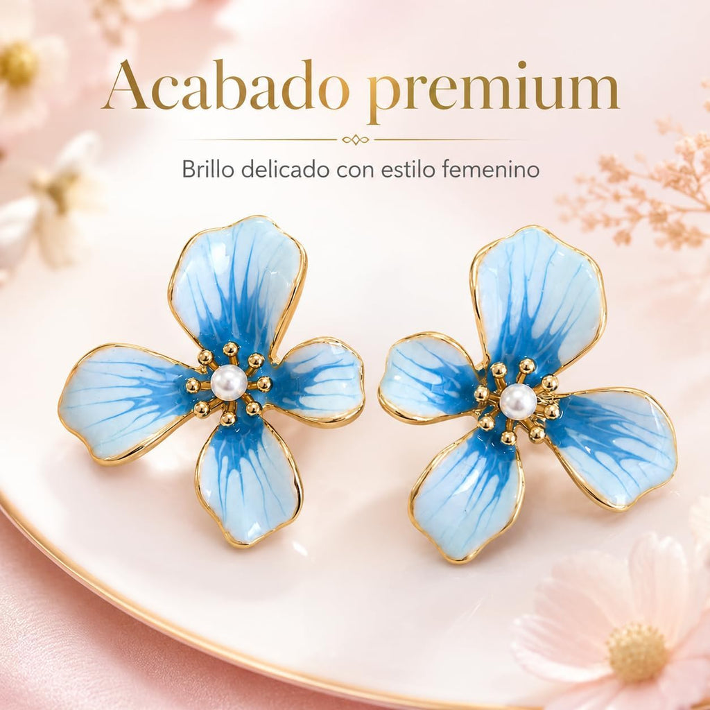 Pendientes de Flor para Mujer, Botón Azul con Perla | Latón Chapado en Oro 18K, Poste de Plata S925, Hipoalergénicos, Para Diario, Fiesta, Boda y Regalo