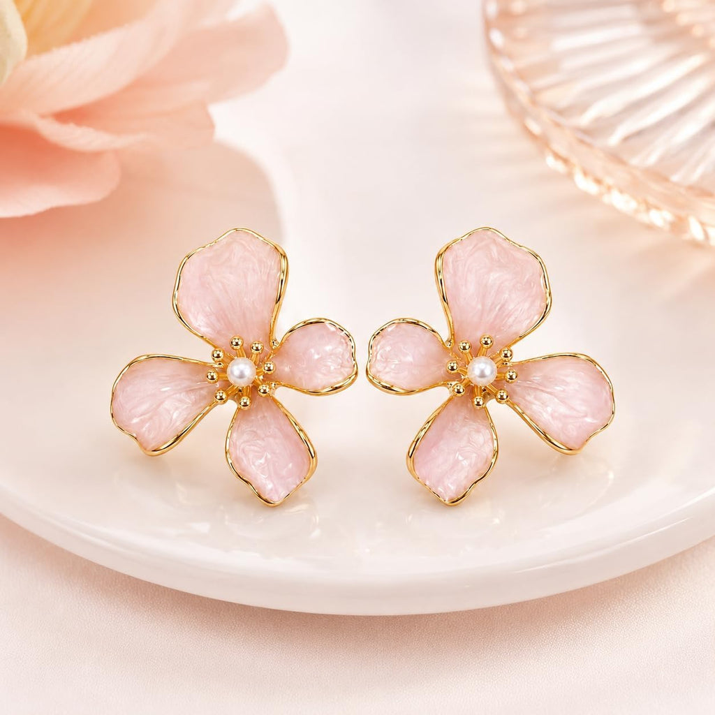Pendientes de Flor para Mujer, Botón Rosa con Perla | Latón Chapado en Oro 18K, Poste de Plata S925, Hipoalergénicos, Para Diario, Fiesta, Boda y Regalo