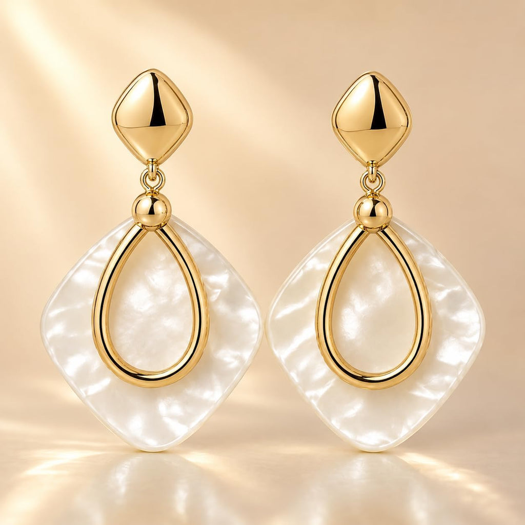 Pendientes Colgantes Mujer Chapados en Oro 18K | Aguja de Plata S925 Hipoalergénica, Geométricos Ligeros, Efecto Nácar Blanco, Para Fiesta, Boda y Uso Diario