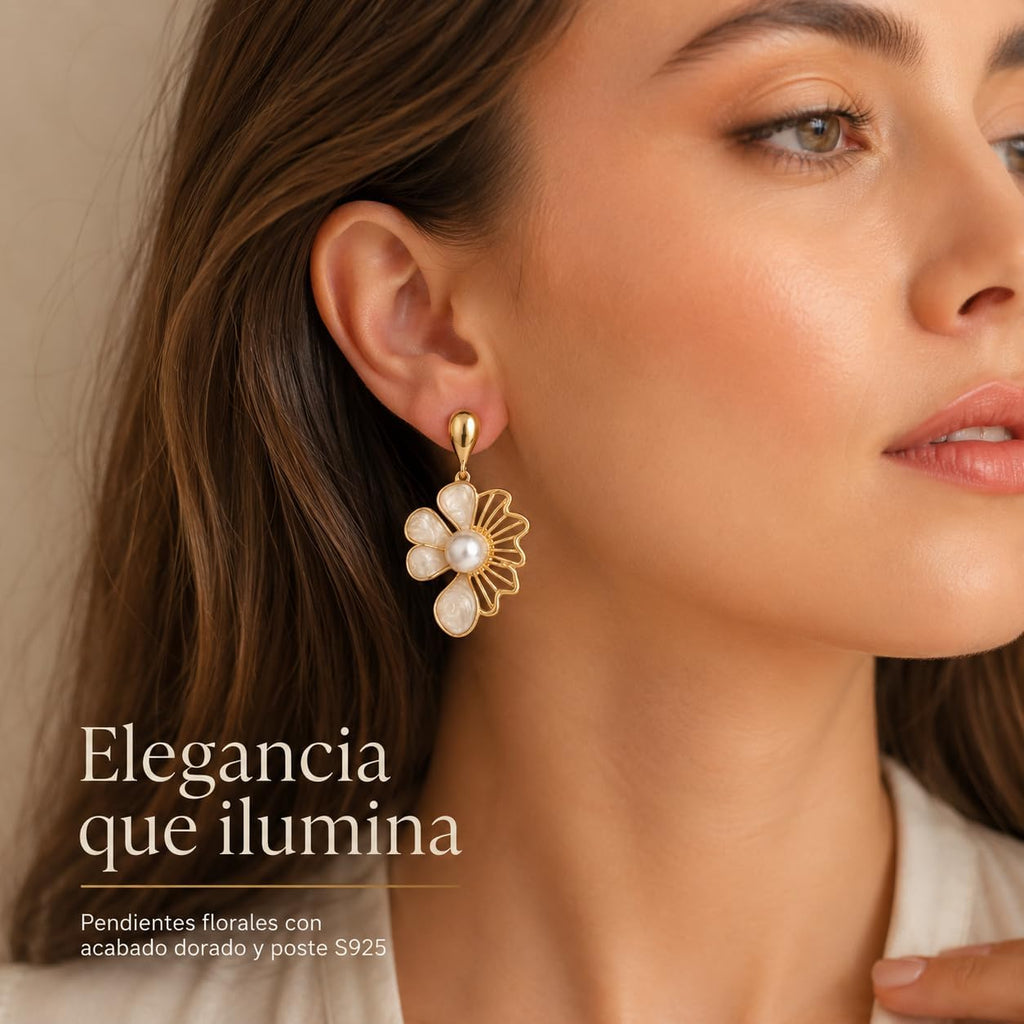 Pendientes de Flor Blanco para Mujer – Oro 18K, Perla y Plata S925