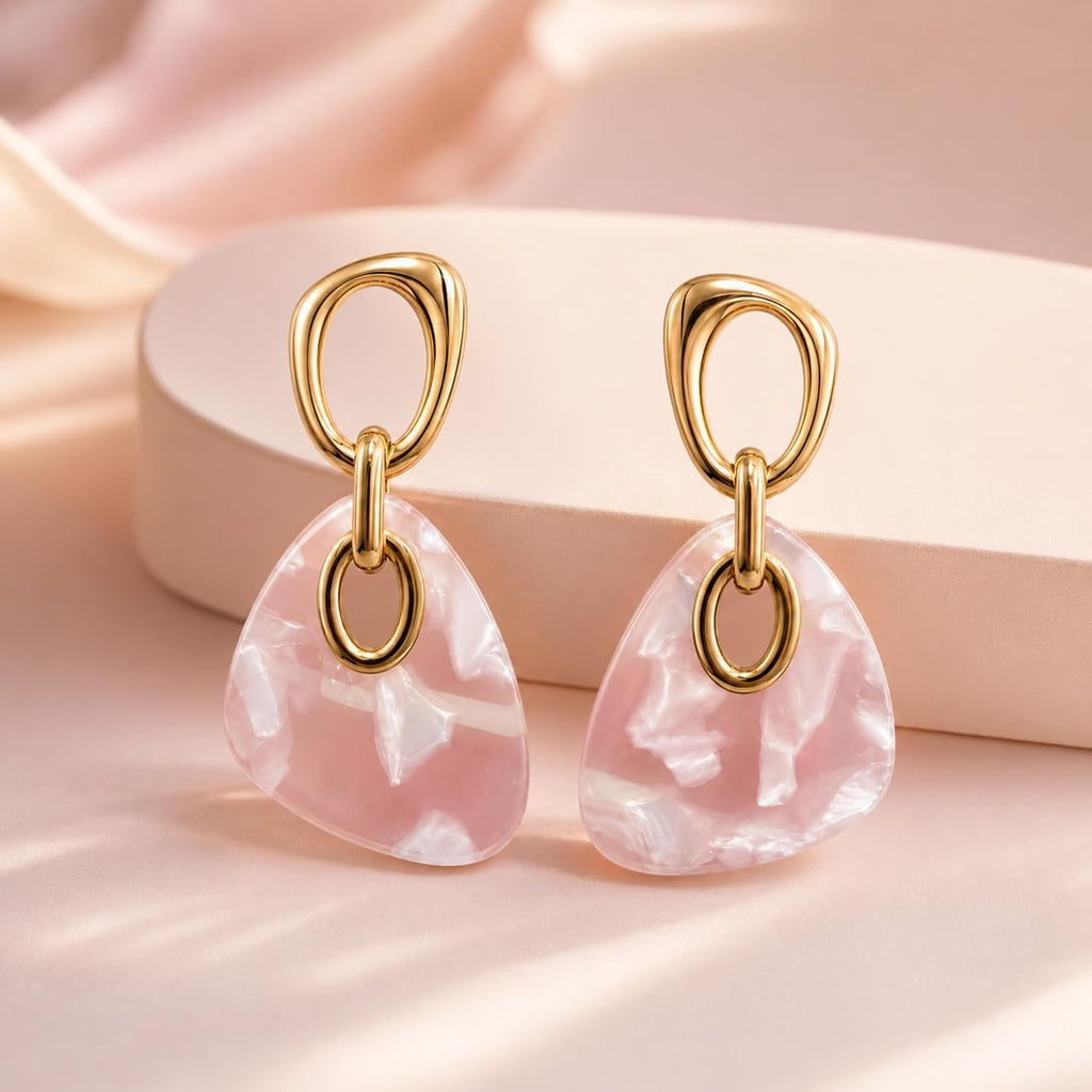 Pendientes Largos Colgantes Mujer, Plata S925, Oro 18K, Acrílico Rosa | Hipoalergénicos, Latón Chapado en Oro 18K, Marmoleado Rosa, Elegantes para Fiesta, Regalo