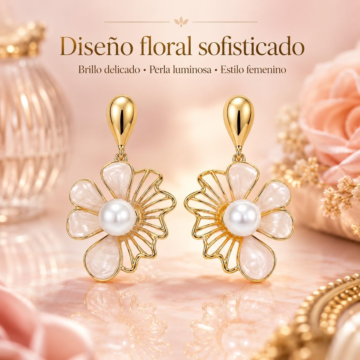 Pendientes de Flor Rosa para Mujer Oro 18K Perla Plata S925 | Largos Chapados en Oro 18K, Hipoalergénicos, Fiesta, Boda y Regalo