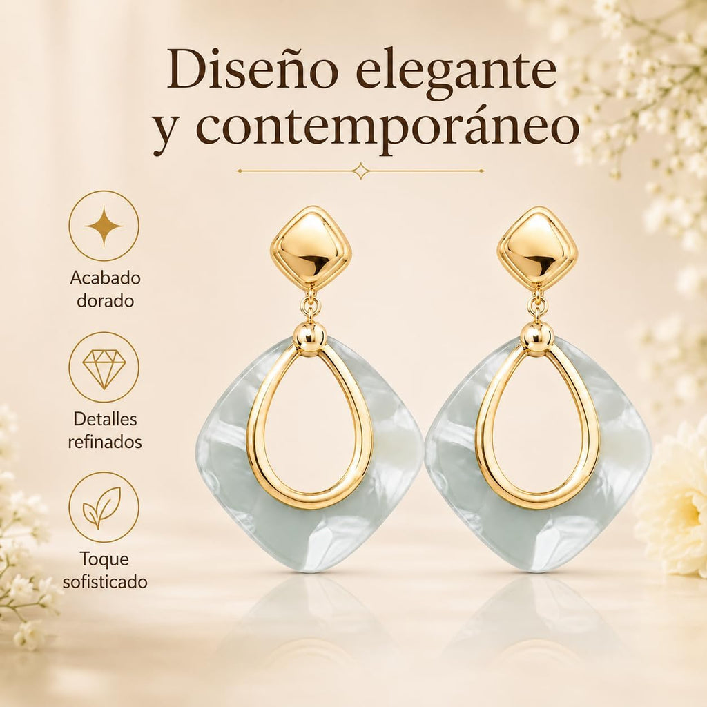 Pendientes Largos Mujer Chapados en Oro 18K Geométricos | Aguja de Plata S925 Hipoalergénica, Colgante Translúcido, Para Fiesta, Boda y Diario