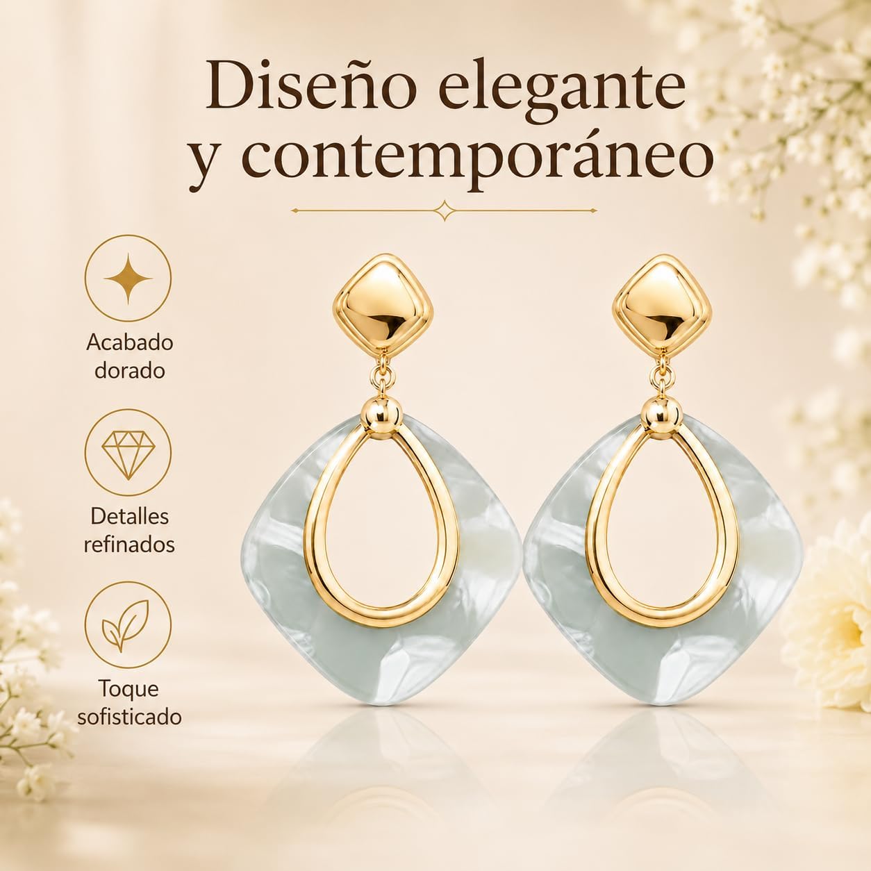 Pendientes Largos Mujer Chapados en Oro 18K Geométricos | Aguja de Plata S925 Hipoalergénica, Colgante Translúcido, Para Fiesta, Boda y Diario
