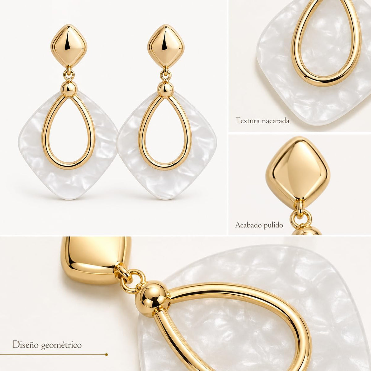 Pendientes Colgantes Mujer Chapados en Oro 18K | Aguja de Plata S925 Hipoalergénica, Geométricos Ligeros, Efecto Nácar Blanco, Para Fiesta, Boda y Uso Diario