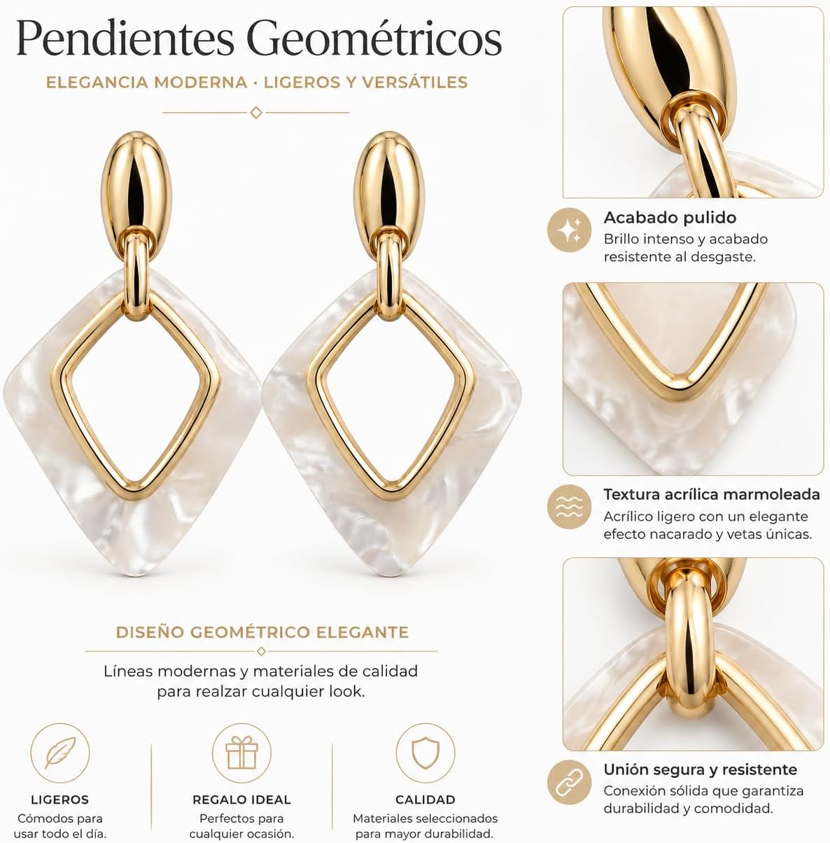 Pendientes de Mujer Geométricos Dorados 18K | Diseño Largo con Rombo Marmoleado Blanco, Aguja Plata S925 Hipoalergénica, Latón Chapado en Oro