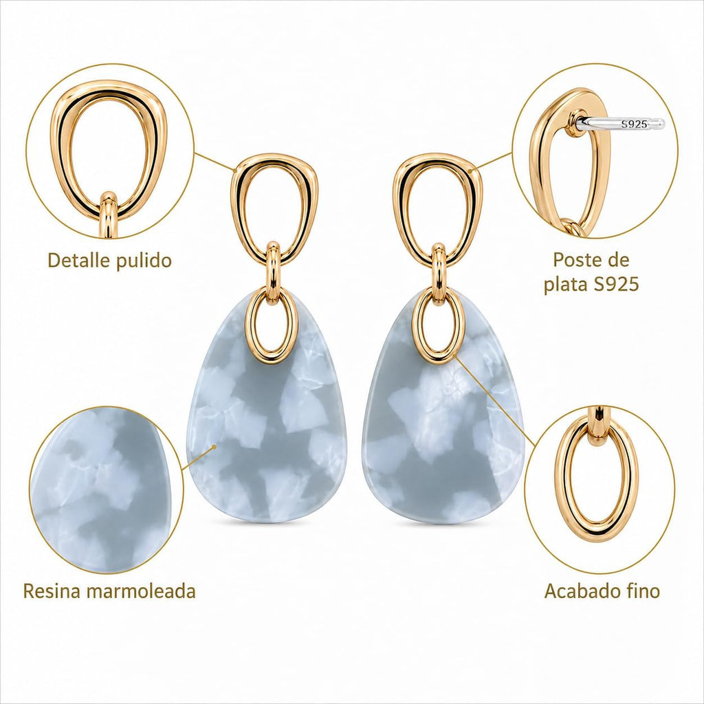Pendientes Largos Colgantes Mujer, Plata S925, Oro 18K, Acrílico Azul | Hipoalergénicos, Latón Chapado en Oro 18K, Marmoleado Azul Gris, Elegantes para Fiesta, Regalo