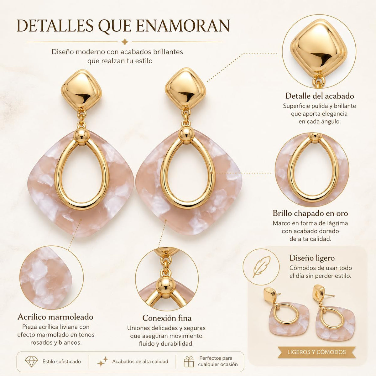 Pendientes Colgantes para Mujer Chapados en Oro 18K | Aguja de Plata S925 Hipoalergénica, Diseño Geométrico Rosa Marmoleado, Ligeros